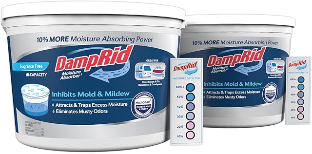 DampRid Hi-Capacity Moisture Absorber Bucket, Fragrance Free, 2 lb 155 oz & Moisture Detection Strip (2 Pack), Attracts & Traps Excess Moisture