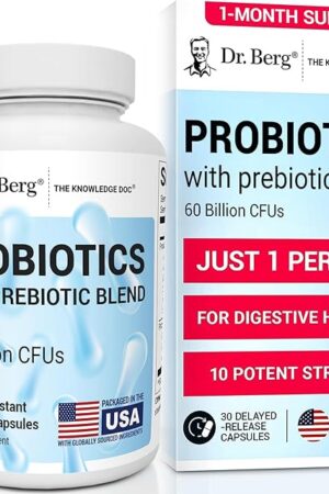 Dr Berg Probiotic Supplement (60 Billion CFUs) - Helps Ease Occasional Constipation, Diarrhea, Gas & Bloating* - Pre and Probiotics for Digestive Health - 30 Probiotic Capsules