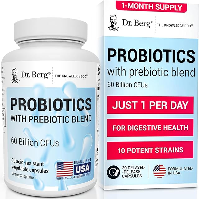 Dr Berg Probiotic Supplement (60 Billion CFUs) - Helps Ease Occasional Constipation, Diarrhea, Gas & Bloating* - Pre and Probiotics for Digestive Health - 30 Probiotic Capsules