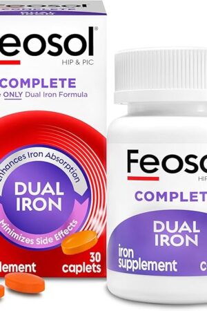 Feosol Complete Iron Supplement Caplets, Bifera Iron for High Absorption, Heme and Non-Heme Dual Action Minimizes Side Effects, 1 Per Day, for Energy and Immune System Support, Made in USA, 30 Count
