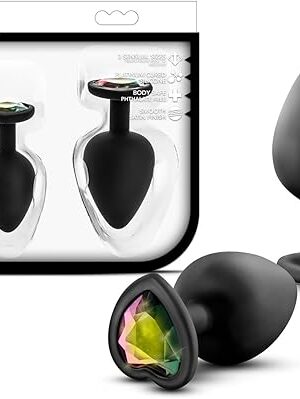 Blush Luxe Bling Silicone Anal Training Kit - 3 Heart-Shaped Soft Butt Plugs, Rainbow Gem Base, Tapered Beginner to Advanced Sizes, Body-Safe - Anal Adult Sex Toys for Women, Men & Couples - (Black)