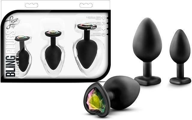 Blush Luxe Bling Silicone Anal Training Kit - 3 Heart-Shaped Soft Butt Plugs, Rainbow Gem Base, Tapered Beginner to Advanced Sizes, Body-Safe - Anal Adult Sex Toys for Women, Men & Couples - (Black)