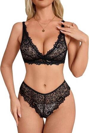 Women's 2 Piece Floral Lace Bra and Panty Deep V Neck Scallop Trim Sexy Lingerie Sets