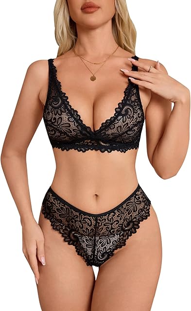 Women's 2 Piece Floral Lace Bra and Panty Deep V Neck Scallop Trim Sexy Lingerie Sets