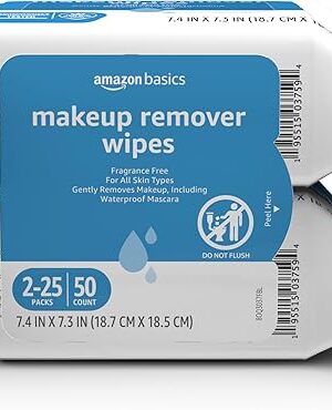 Amazon Basics Makeup Remover Wipes, Fragrance- and Alcohol-Free, Gentle Cleansing, Removes Waterproof Mascara, Dermatologist Tested, 25 Count, Pack of 2 (Previously Solimo)