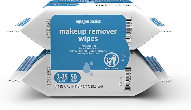 Amazon Basics Makeup Remover Wipes, Fragrance- and Alcohol-Free, Gentle Cleansing, Removes Waterproof Mascara, Dermatologist Tested, 25 Count, Pack of 2 (Previously Solimo)