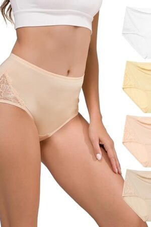 Women's High Waisted Lace Nylon Underwear Soft Full Coverage Brief Panties 4 Pack