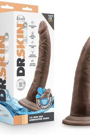 Blush Dr. Skin Glide 7.5" Self-Lubricating Dildo - Feels Like Skin Realistic Penis, Suction Cup, O-Ring Compatible Anal, Vaginal Cock, Body Safe TPE Adult Sex Toy for Women, Men, Couples - (Chocolate)