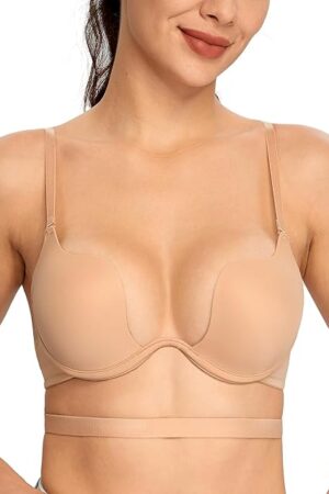 Women's Low Cut Sexy U Shaped Padded Red Carpet Convertible Push Up Deep Plunge Bra