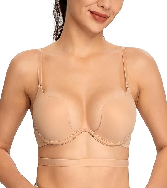 Women's Low Cut Sexy U Shaped Padded Red Carpet Convertible Push Up Deep Plunge Bra