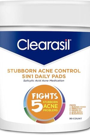 Clearasil Stubborn Acne Control 5in1 Daily Facial Cleansing Pads, with Salicylic Acid Acne Treatment Medicine, 90 Count