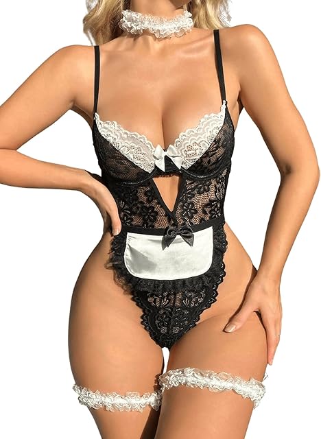 Women's Teddy Floral Lace Bodysuit Bow Front Cut Out Lingerie Set with Leg Ring