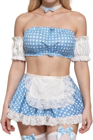 Women Plaid Maid Lingerie Set Lace Up Crop Tank Top Mini Skirt Set Halloween Cosplay Costume