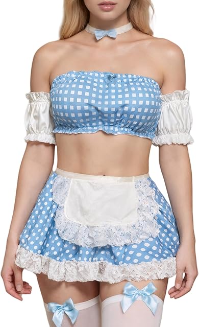 Women Plaid Maid Lingerie Set Lace Up Crop Tank Top Mini Skirt Set Halloween Cosplay Costume