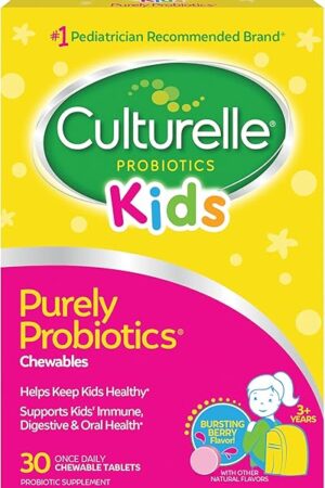 Culturelle Kids Chewable Daily Probiotic for Kids, Ages 3+, 30 Count, #1 Pediatrician-Recommended Brand, Natural Berry Flavored Daily Probiotics for Digestive Health, Oral Care & Immune Support