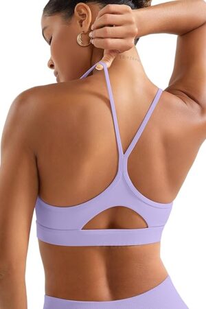 Women's Workout Y Back Strappy Sports Bras Padded V Neck Medium Impact Racerback Spaghetti Straps Bra Gym Yoga Top
