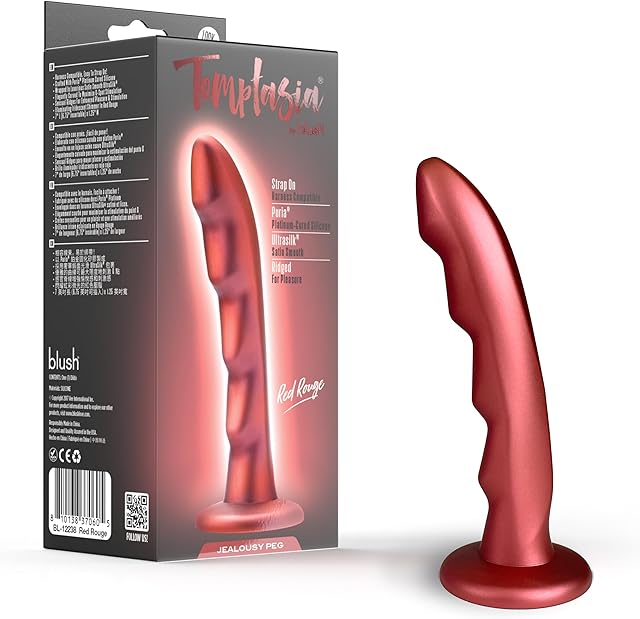 Blush Novelties Temptasia Jealousy Peg - 7 Inch Pegging Dildo - Harness & Strap On Compatible - Designed for BDSM & Role Play - Platinum Cured Silicone - Red Rouge - Adult Sex Toy