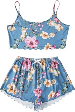 Women Pajama Set Sexy Sleepwear Ruffle Pjs Cami Top and Shorts Sleep Lingerie Nightwear