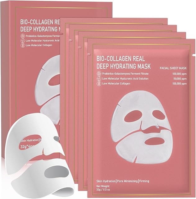 Bio-Collagen Real Deep Mask, 4 Pack Overnight Hydrating Face Mask for All Skin Types,Original Hydrating Collagen Face Mask