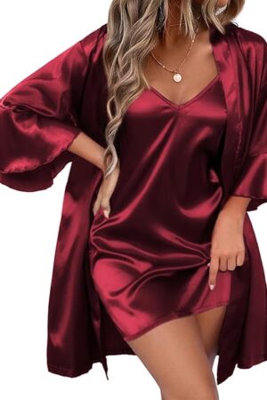 Women's Silk Robe Set V-neck 2 Piece Bridal Party Robes and Satin Bathrobe Set with Pockets