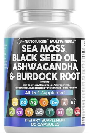 Clean Nutraceuticals Sea Moss Black Seed Oil Ashwagandha Turmeric Bladderwrack Burdock & Vitamin C Vitamin D3 with Elderberry Manuka Dandelion Yellow Dock Iodine Chlorophyll ACV