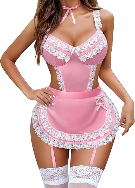 Halloween Lingerie Set for Women Lace Teddy Babydoll Chemise Naughty Outfits Dress Pink Small