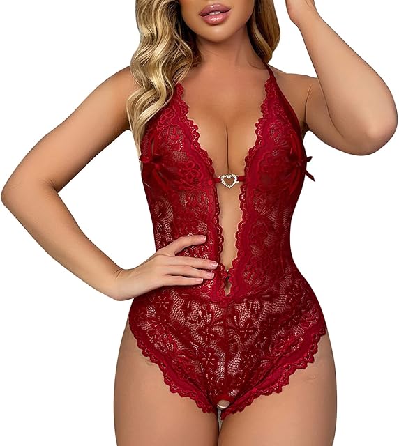 Women Naughty Slutty Lingerie See Through Snap Crotch Lingerie Sexy Lace Bodysuit Deep V Teddy One Piece Lace Babydoll