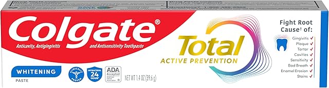 Colgate Total Active Prevention Travel Toothpaste, Whitening Toothpaste with Fluoride, Antibacterial, Mint, Clinically Proven Gum Health, Travel Size 1.4 oz