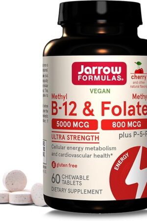 Jarrow Formulas Ultra Strength Methyl B-12 5000 mcg & Methyl Folate 800 mcg + P-5-P, Dietary Supplement for Cellular Energy Metabolism and Cardiovascular Support, 60 Chewable Tablets, 60 Day Supply