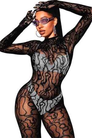 Women Sexy Fishnet Full Bodysuit, Mesh Lace Poster Jumpsuit Glow Party Rave Outfits, Body Stockings Halloween Costume