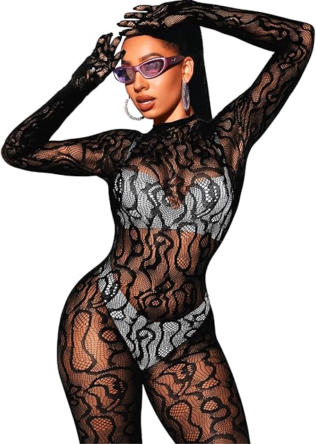 Women Sexy Fishnet Full Bodysuit, Mesh Lace Poster Jumpsuit Glow Party Rave Outfits, Body Stockings Halloween Costume