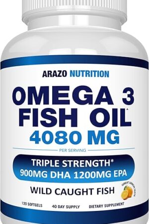 Arazo Nutrition Wild Caught Omega 3 Fish Oil ? 120 Soft Gels ? 4,080mg High EPA 1200mg DHA 900mg Lemon Flavor Burpless Softgels