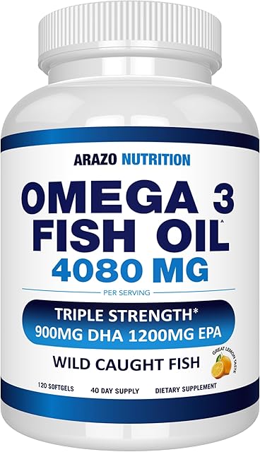 Arazo Nutrition Wild Caught Omega 3 Fish Oil ? 120 Soft Gels ? 4,080mg High EPA 1200mg DHA 900mg Lemon Flavor Burpless Softgels