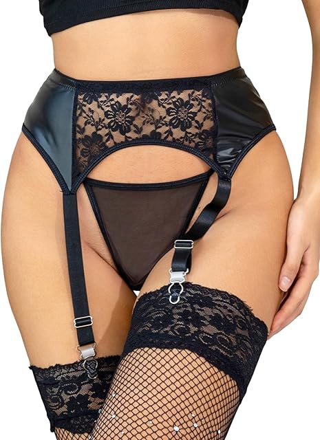 Leather Garter Belt for Thigh Highs Stockings Plus Size Garter Belts Black Lace Vintage Garter Belt 4-Strap Suspenders