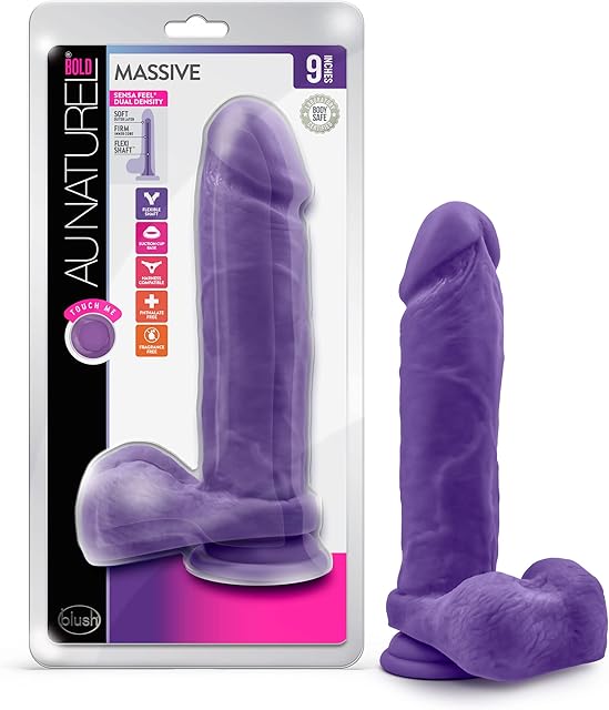 Blush Au Naturel Bold Massive 9" Realistic Dildo w/Balls - Dual Density Soft Cock with Suction Cup, Strap-On Compatible - Lifelike Thick & Flexible Penis Sex Toy for Women, Men & Couples - (Purple)