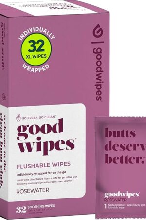 Goodwipes Flushable Wipes ? Made with Vitamin E & Aloe ? Soft, Individually Wrapped Butt & Feminine Cloths for On-the-Go & Travel Use ? Largest Adult Toilet Towelettes ? Rosewater, 1 pack, 32 count