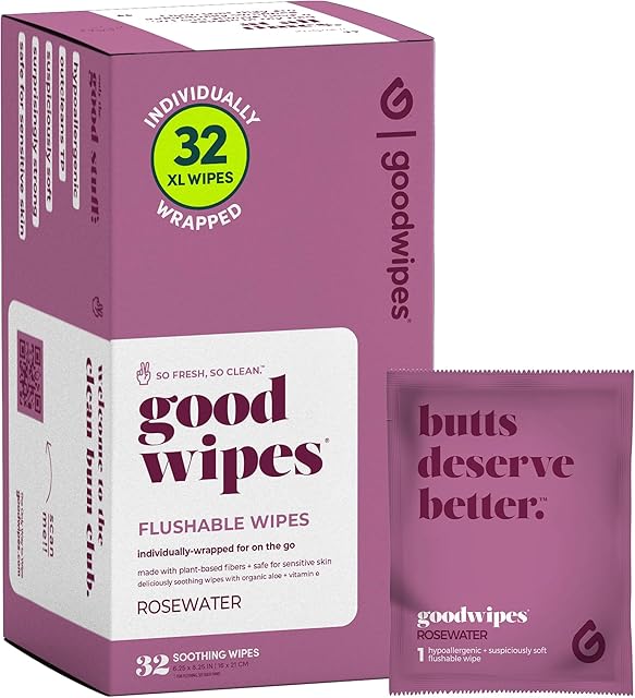 Goodwipes Flushable Wipes ? Made with Vitamin E & Aloe ? Soft, Individually Wrapped Butt & Feminine Cloths for On-the-Go & Travel Use ? Largest Adult Toilet Towelettes ? Rosewater, 1 pack, 32 count