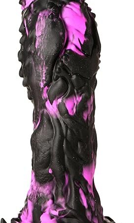 Grim Silicone Dildo for Men, Women, & Couples. Fantasy Dildo with Strong Suction Cup Base. Harness Compatible & Stimulating Textures. 1 Piece, Black & Purple.