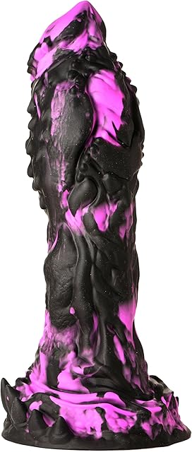 Grim Silicone Dildo for Men, Women, & Couples. Fantasy Dildo with Strong Suction Cup Base. Harness Compatible & Stimulating Textures. 1 Piece, Black & Purple.
