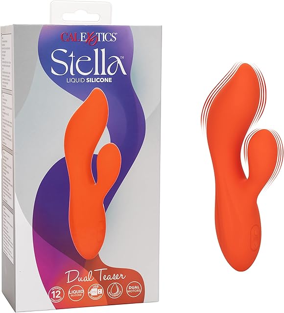 CalExotics Stella Liquid Silicone Dual Teaser ? Premium Rechargeable Rabbit Massager Vibrator ? Sex Toy for Women - Orange