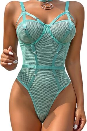 Women Lingerie Sheer Mesh Harness Lingerie Bodysuit One Piece Teddy Babydoll Nightgown with Choker