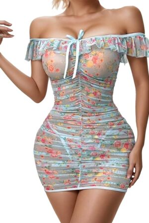 Women's Off Shoulder Mesh Nightwear Lingerie Dress