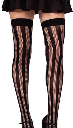Womens Krya Striped Thigh Highs for Women Vertical Striped Stockings for Women Sexy Thigh Highs Fishnets, Black, One Size