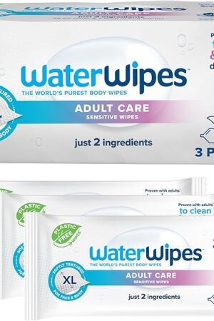 WaterWipes Adult Care Sensitive Body & Intimate Hygiene Wipes, 999% Water, 3-In-1 Cleans, Cares, Protects, Unscented & Hypoallergenic, 90 Wipes (Pack of 3), Packaging May Vary