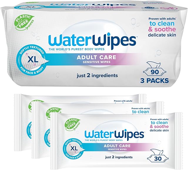 WaterWipes Adult Care Sensitive Body & Intimate Hygiene Wipes, 999% Water, 3-In-1 Cleans, Cares, Protects, Unscented & Hypoallergenic, 90 Wipes (Pack of 3), Packaging May Vary