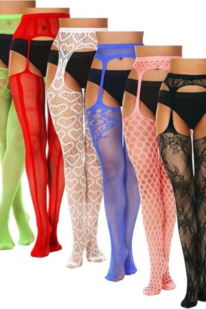 6 Pairs Fishnet Stockings for Women Thigh High Stockings Suspender Pantyhose Garter Belt Lace Tight