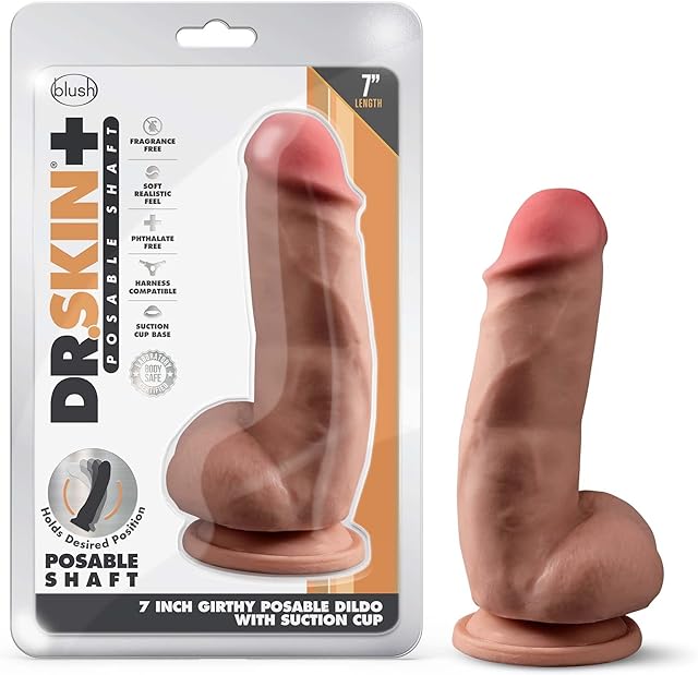 Blush Dr. Skin Plus 7" Realistic Dildo, Posable Girthy Cock w/Balls - Triple Density, Suction Cup, Strap-On Compatible - Lifelike Anal, Vaginal Penis Sex Toy for Women, Men & Couples - (Mocha)