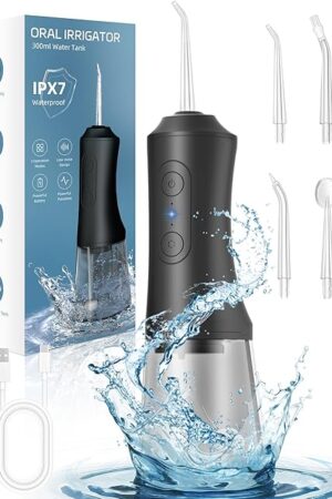 Water Flosser, Water Dental Flosser Pick for Teeth, 300ML IPX7 Waterproof Oral Irrigator, 3 Modes 4 Replaceable Jet Tips, Professional Flossing Cleaning Picks for Home Travel Gums, Braces Care (Black)