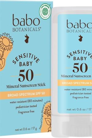 Babo Botanicals Sensitive Baby Mineral Sunscreen Stick SPF 50-70% Organic Ingredients - Zinc Oxide - NSF & Made Safe Certified - EWG Verified - Water Resistant - Fragrance-Free - for Babies & Kids