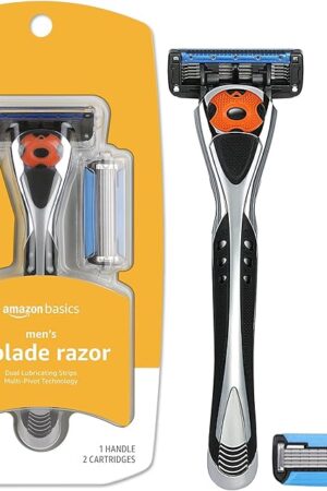 Amazon Basics 5-Blade MotionSphere Razor for Men with Dual Lubrication and Precision Beard Trimmer, Handle & 2 Cartridges (Cartridges fit Amazon Basics Razor Handles only) (Previously Solimo)